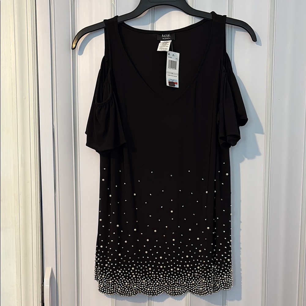 MSK Women Black Cold Shoulder Blouse with Pearl Detailing Plus Size 1x